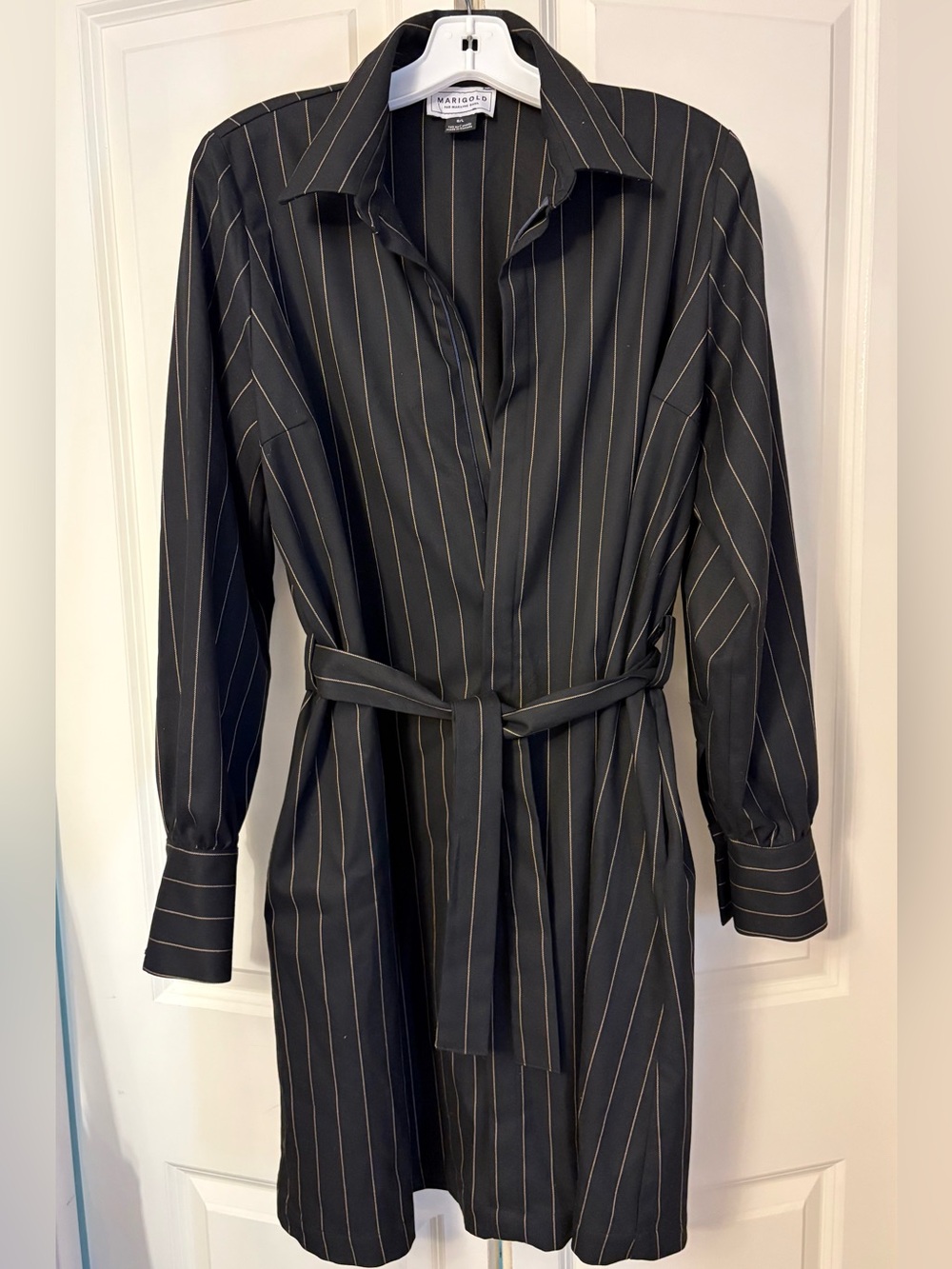 Marigold Par Marilyne Baril Slow Fashion, Black Pinstripe Shirt Dress with Belt